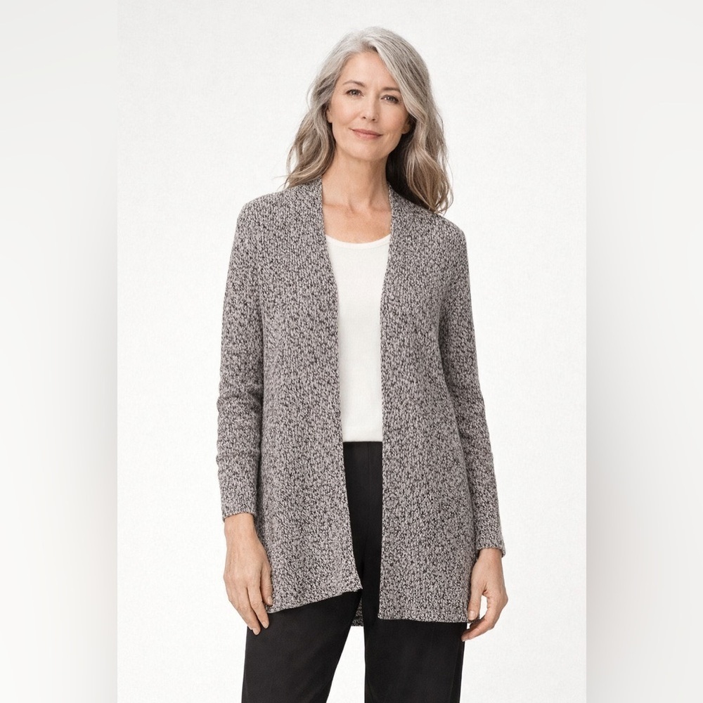 Eileen Fisher Open Front Cardigan Womens Sz MP M Petite Gray Organic Linen Wool
